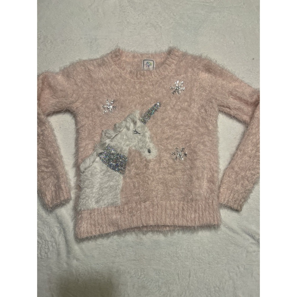 Justice Girls Pink Sweater Fuzzy with Sequin Unicorn Soft Size 14
